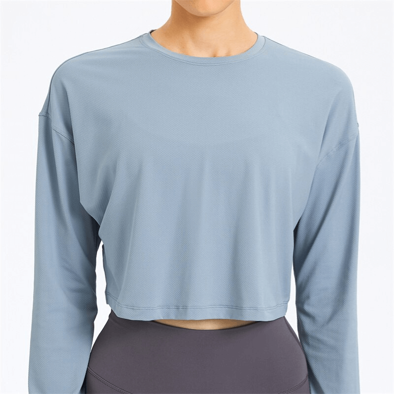 Stylish sport short women's sweatshirt with long sleeves for yoga, featuring breathable spandex in blue. Product code: SF1145.